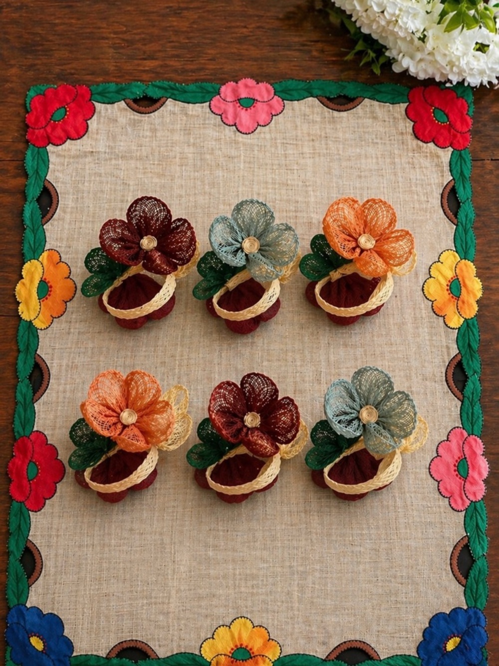 Vintage Floral Linen Placemat + 6 Napkin Rings Set Retro Colorful Table Decor